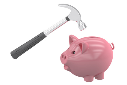 Piggybank and hammer, 3D rendering isolated on white background