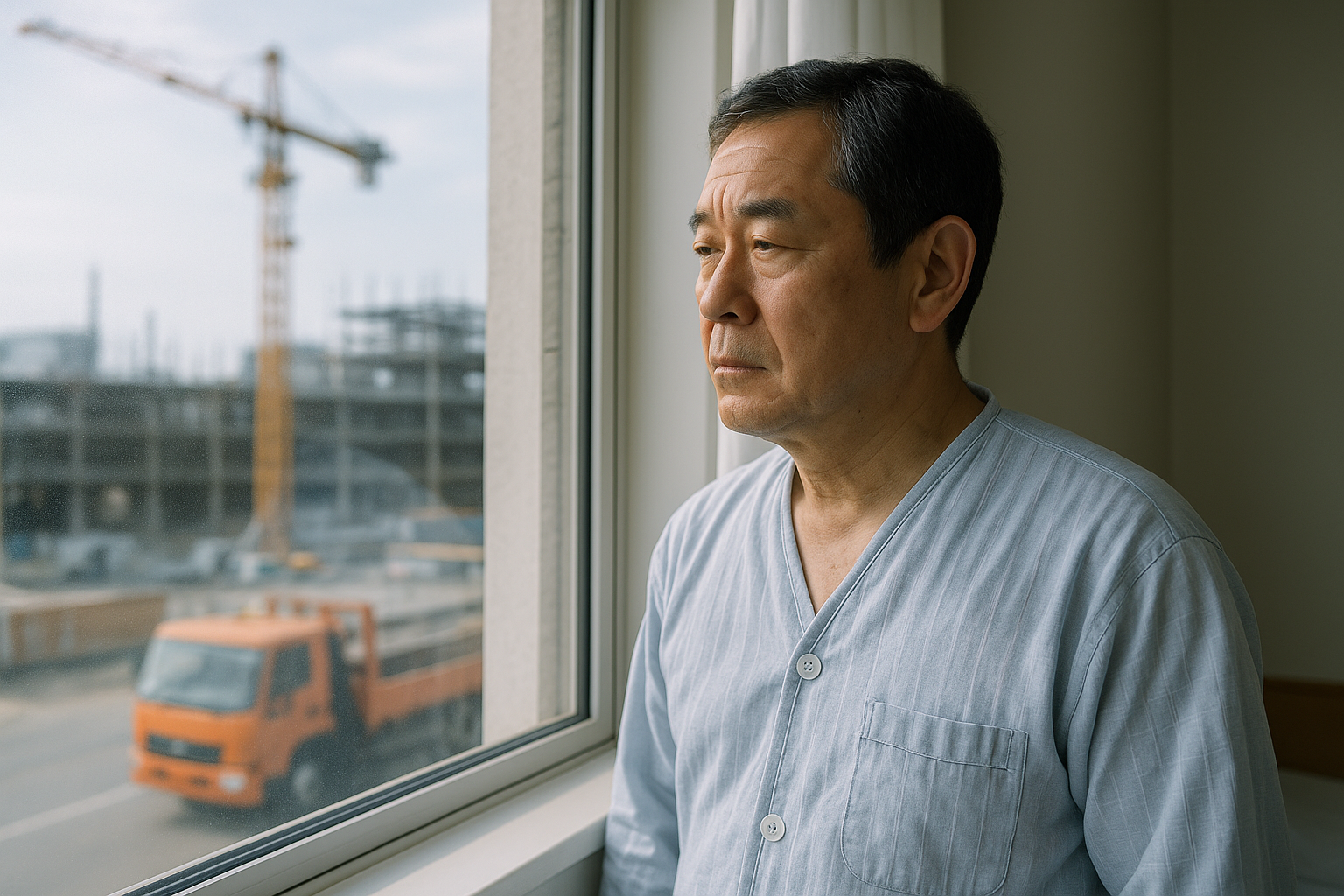 病院の窓から自社の建設現場を見つめる建設業の佐藤社長